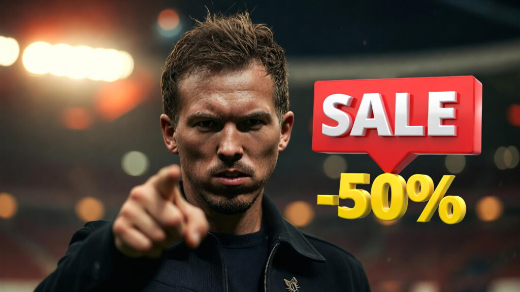 Julian Nagelsmann pointing at the viewer, with a 3D "SALE -50%